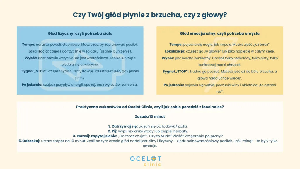 Infografika Ocelot Clinic por&oacute;wnująca gł&oacute;d fizyczny i emocjonalny oraz przedstawiająca zasadę 10 minut jako spos&oacute;b na food noise i natrętne myśli o jedzeniu.